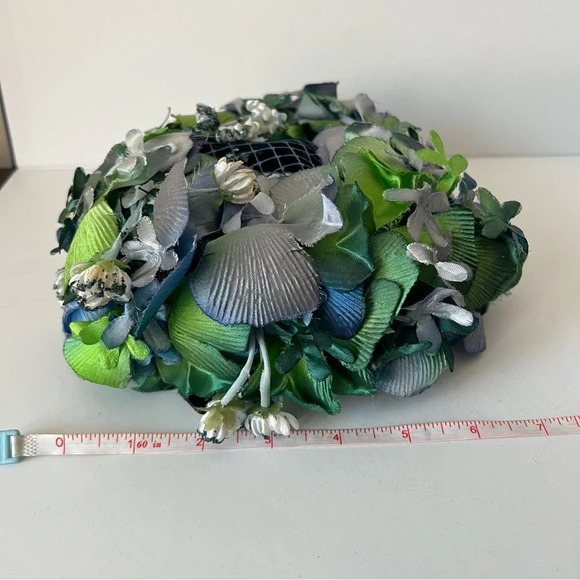 Elegant Vintage Modern Miss Blue Green Floral Pillbox Hat - Picture 12 of 12
